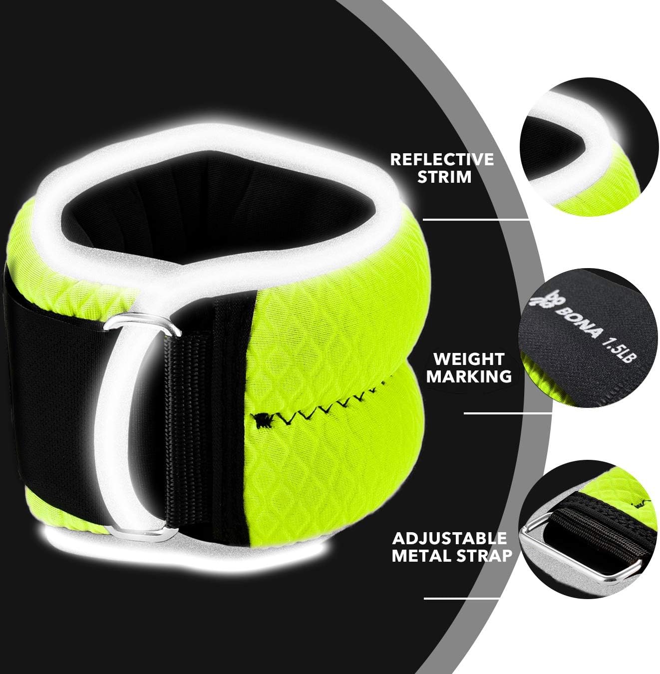 BONA Fitness Adjustable Ankle Weights - 2-5Lbs Pair with Reflective Trim for Enhanced Workouts, Durable Arm & Leg Weights for Men & Women